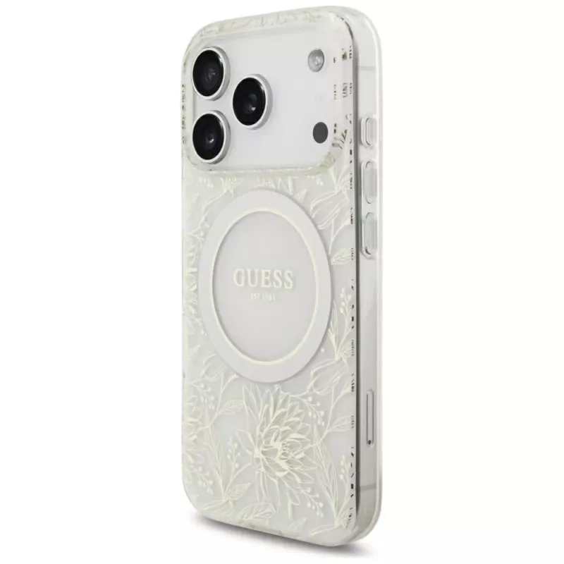 GUESS IML Flowers Allover Electroplated MagSafe-hoesje met parelband voor iPhone 18 Pro / 17 Pro - wit