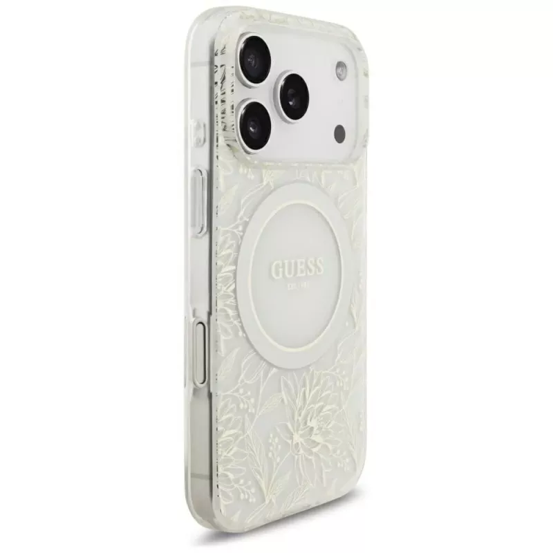 GUESS IML Flowers Allover Electroplated MagSafe-hoesje met parelband voor iPhone 18 Pro / 17 Pro - wit
