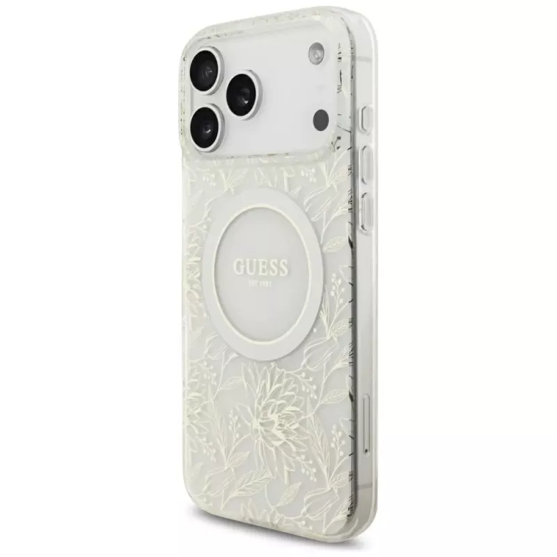 GUESS IML Flowers Allover Electroplated hoesje met parelarmband MagSafe voor iPhone 18 Pro Max / 17 Pro Max wit