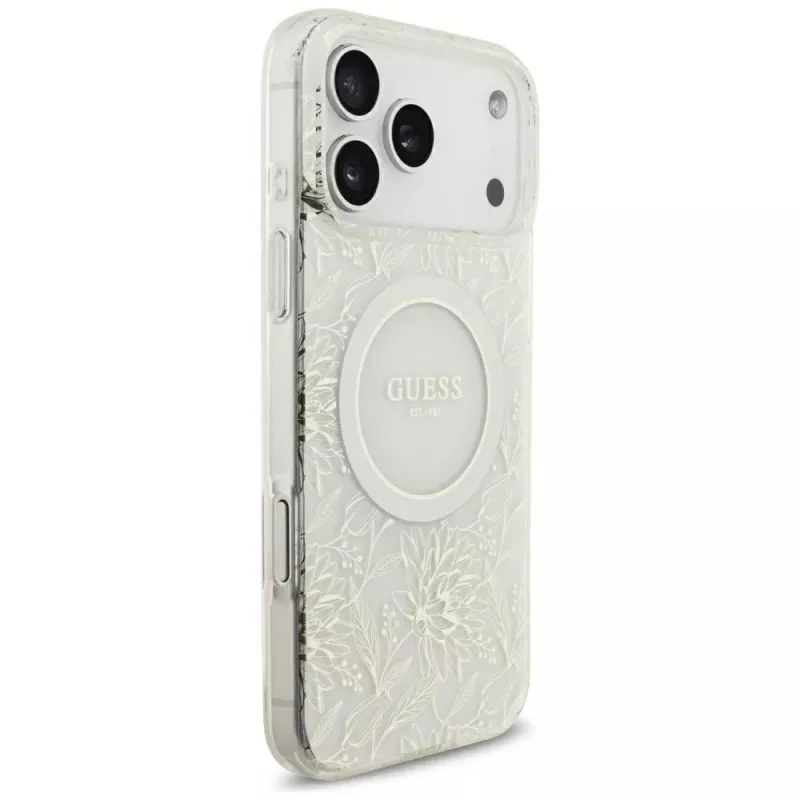 GUESS IML Flowers Allover Electroplated hoesje met parelarmband MagSafe voor iPhone 18 Pro Max / 17 Pro Max wit