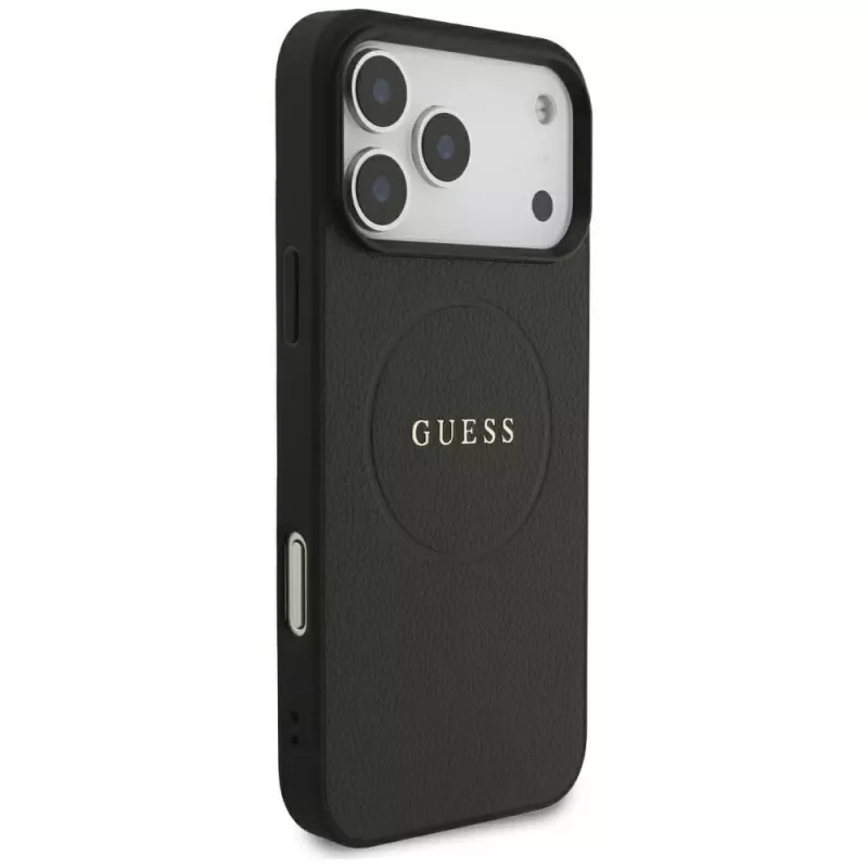 Guess Grained Gold Ring MagSafe-hoesje voor Apple iPhone 18 Pro Max / 17 Pro Max, zwart