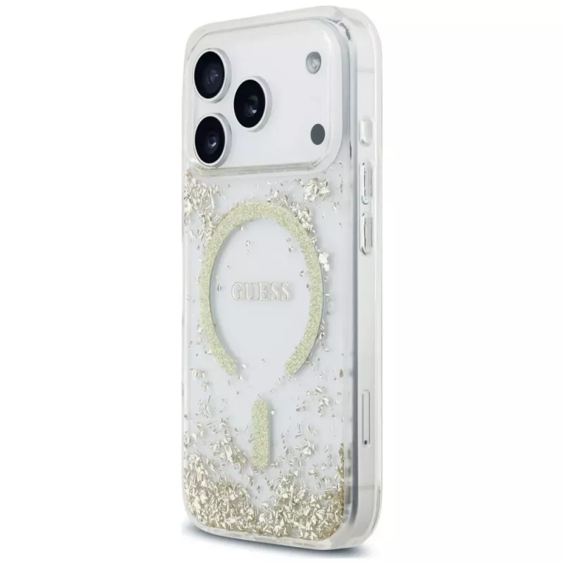 Guess Resin Bottom Glitter MagSafe-hoesje voor iPhone 18 Pro / 17 Pro, goud