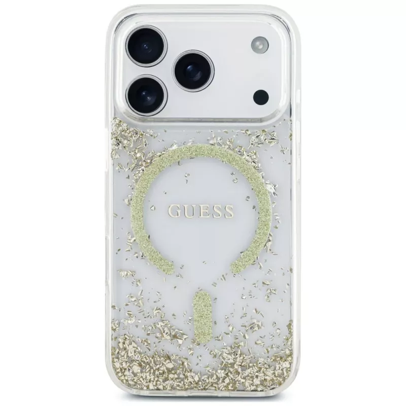 Guess Resin Bottom Glitter MagSafe-hoesje voor iPhone 18 Pro / 17 Pro, goud