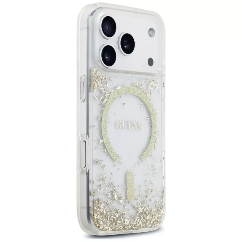 Guess Resin Bottom Glitter MagSafe-hoesje voor iPhone 18 Pro / 17 Pro, goud