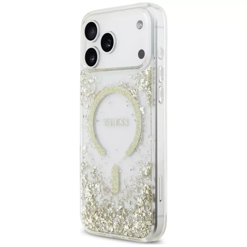 Guess Resin Bottom Glitter MagSafe-hoesje voor iPhone 18 Pro Max / 17 Pro Max, goud