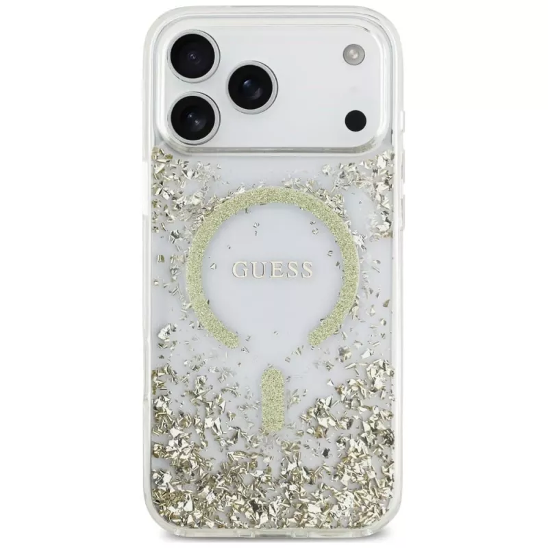 Guess Resin Bottom Glitter MagSafe-hoesje voor iPhone 18 Pro Max / 17 Pro Max, goud