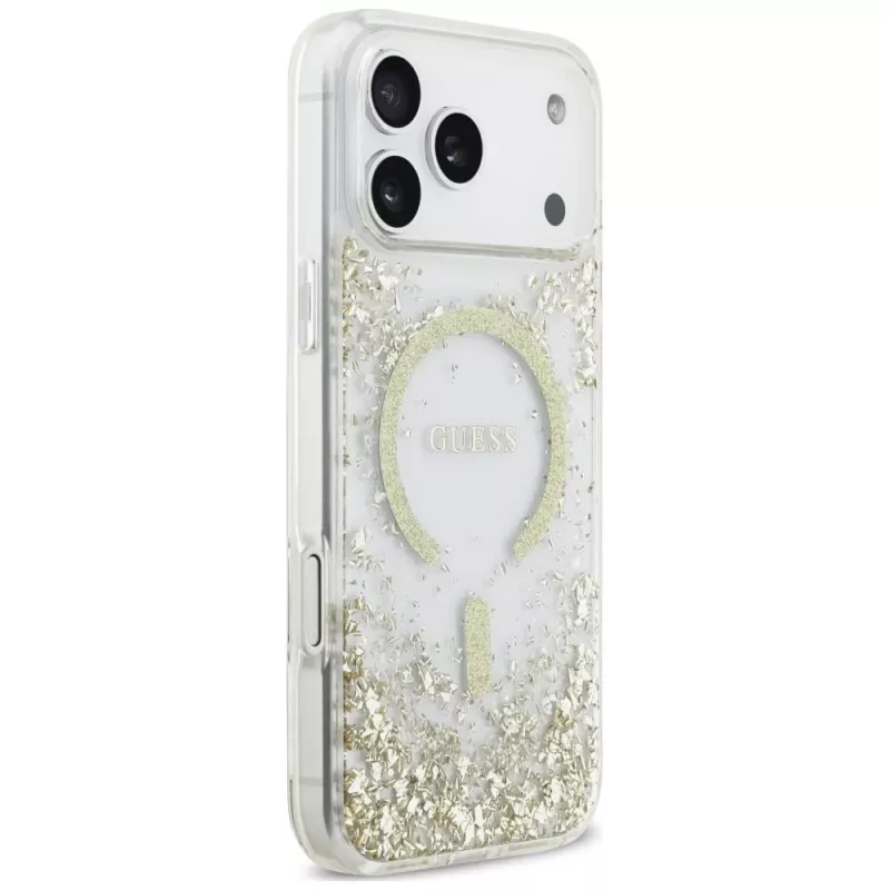 Guess Resin Bottom Glitter MagSafe-hoesje voor iPhone 18 Pro Max / 17 Pro Max, goud