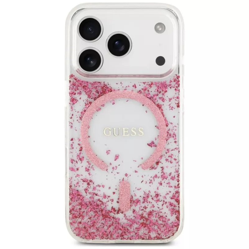 Guess Resin Bottom Glitter MagSafe-hoesje voor Apple iPhone 18 Pro / 17 Pro, roze