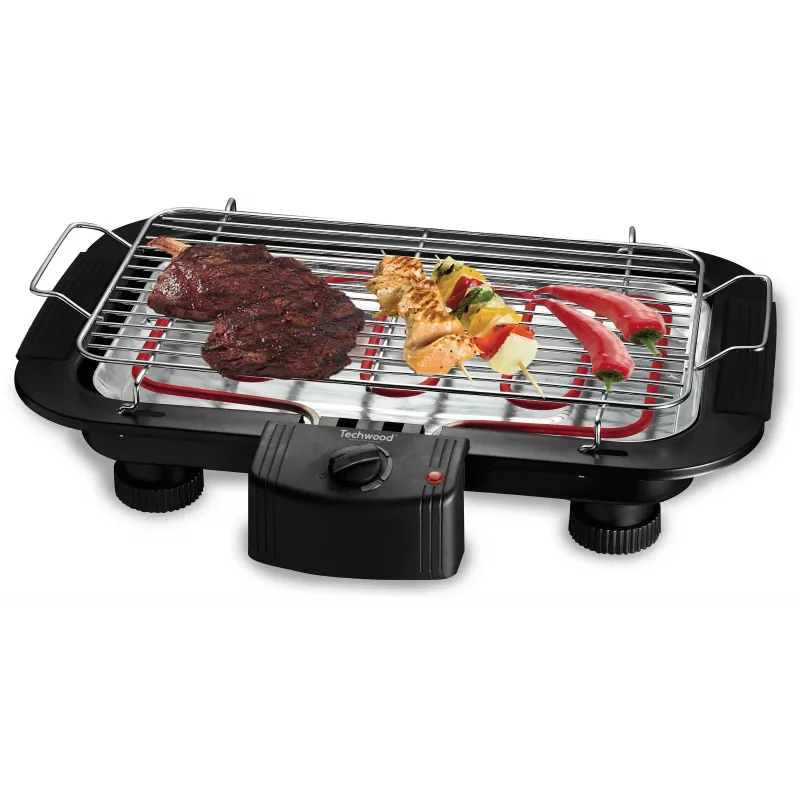 Techwood TBQ-836P elektrische grill met statief, 2000W, 36,5 cm verchroomde grill, zwart