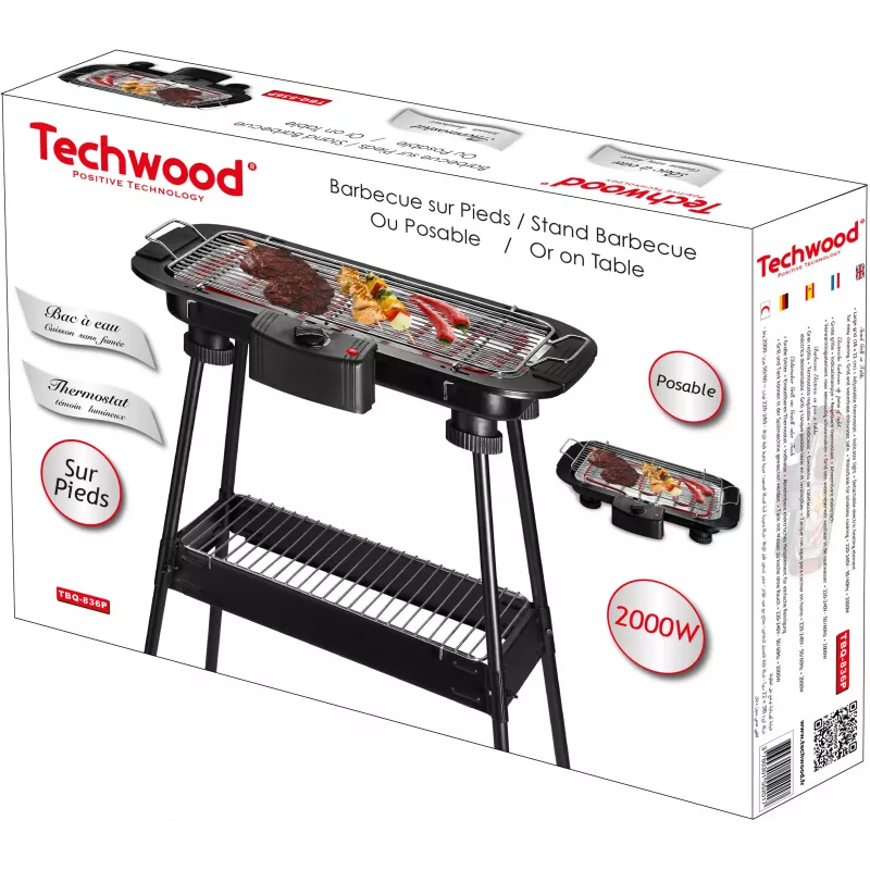 Techwood TBQ-836P elektrische grill met statief, 2000W, 36,5 cm verchroomde grill, zwart