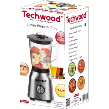 Techwood TBLI-1250 tafelblender 1200 W 1,5 L glazen kan zwart/zilver