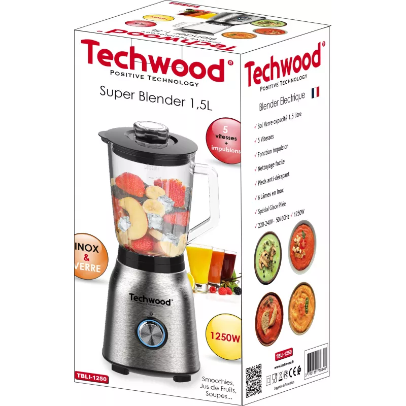 Techwood TBLI-1250 tafelblender 1200 W 1,5 L glazen kan zwart/zilver