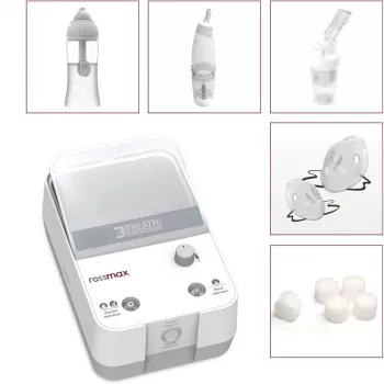 Rossmax NK1000 3-in-1 zuigercompressor vernevelaar met neusspoeling en afzuiger, 2,5 μm deeltjesgrootte, >80% fijne deeltjesdosis, 0,35 ml/min vernevelingssnelheid, 5 ml medicijnbeker, 10 ml neusspoelcapaciteit, <60 dB geluid, continu gebruik, volwassenen & kinderen