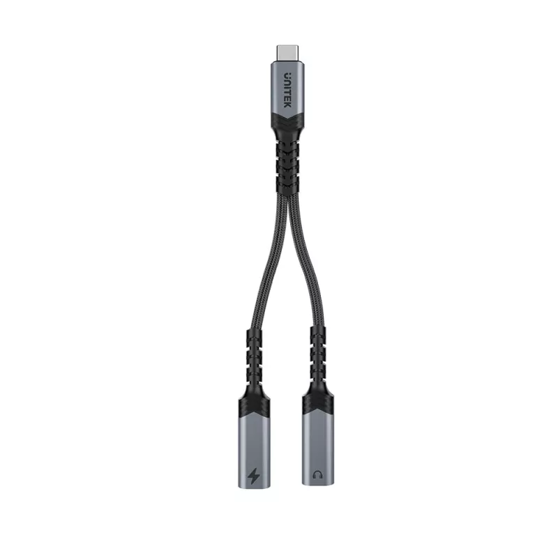 Unitek USB-C audio- en oplaadadapter met 60W Power Delivery, 15 cm, Space Grey