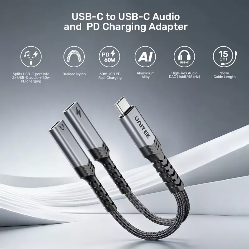 Unitek USB-C audio- en oplaadadapter met 60W Power Delivery, 15 cm, Space Grey