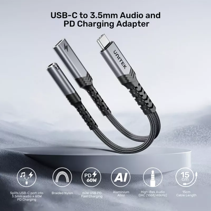 UNITEK USB-C naar 3,5 mm audio-adapter met PD