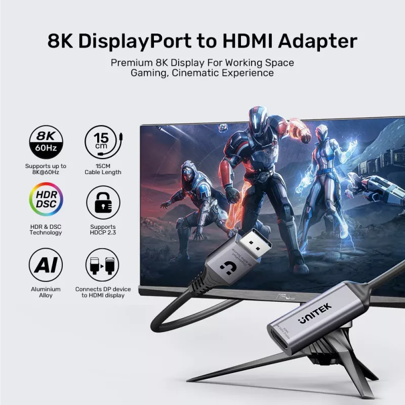UNITEK DisplayPort naar HDMI 2.1 adapter 8K@60Hz HDR 48Gbps 15cm