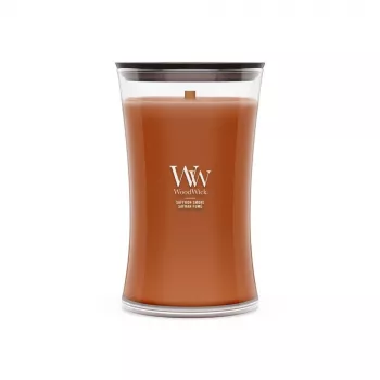 WoodWick Saffron Smoke grote zandloper-glaskaars 609,5g