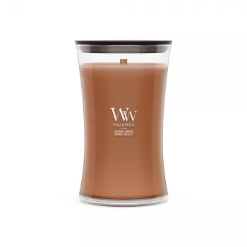 WoodWick Radiant Amber 609,5g geurkaars met houten lont, tot 180 uur brandduur, zandloper-glas