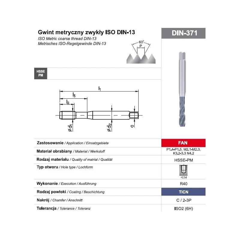 Draadtap M10 DIN-371C R40 (6H) HSSE-PM TiCN FAN machine-draadtap