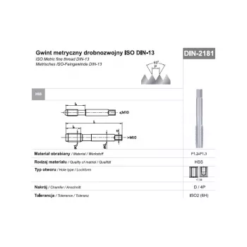 M22 x 1,5 mm metrische fijne draad machine-draadtap, HSS, DIN 2181, 6H, rechte groeven, rechts snijdend, NGMM/1