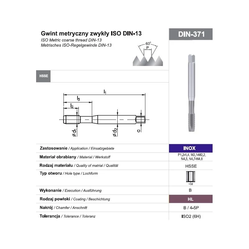 M10 machine-draadtap DIN 371B 6H HSSE-PM HL INOX voor roestvrij staal
