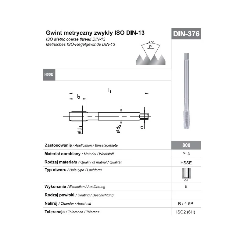 M16 DIN 376B (6H) HSSE 800 machine-tap voor doorgaande gaten