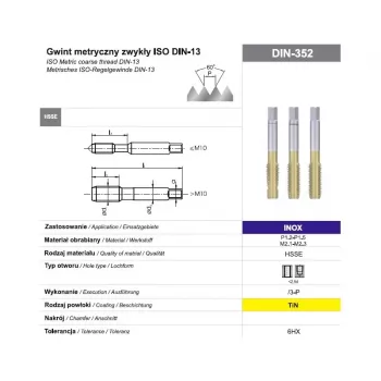 M5 handtap-set, 3-delig, HSSE TiN-gecoat, DIN 352, 6HX, voor roestvrij staal