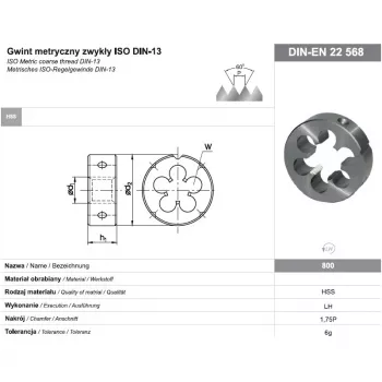 NO NAME FANAR DIE M16 LEFT THREAD rond snijijzer, HSS, DIN 223, 6g, metrisch M16 x 2,0 mm, links