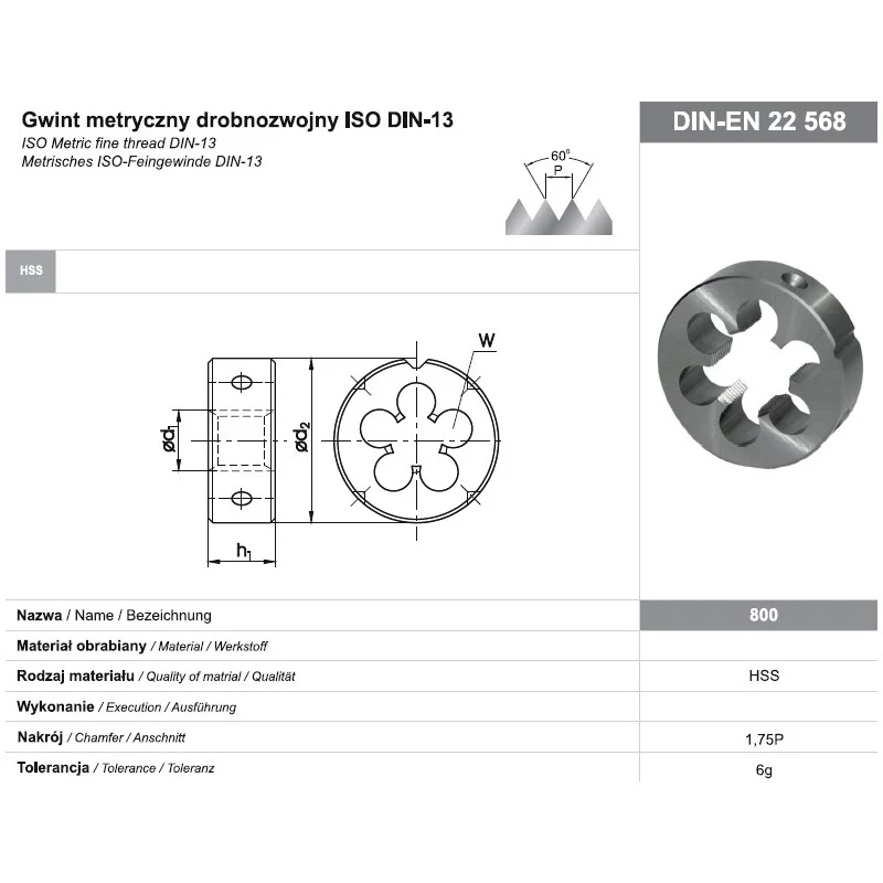Rond snijijzer M16x1 DIN-22568 (6g) HSS 800