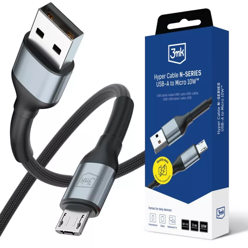 3mk Hyper Cable N-SERIES USB-A naar Micro 3m QC 3.0 5V/2A 10W zwart