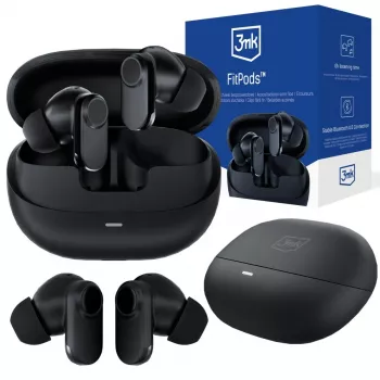 3mk FitPods BT 6.0 True Wireless Stereo oordopjes met oplaadcase, Bluetooth 5.0, touch-bediening, IPX4, zwart
