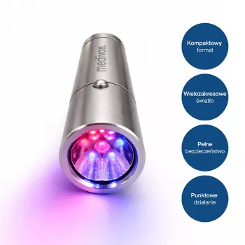 MEDIVON Lumix compacte LED-lichttherapielamp, 5 golflengtes 460–900 nm, 5-minutentimer, Li-ion-accu, zilver