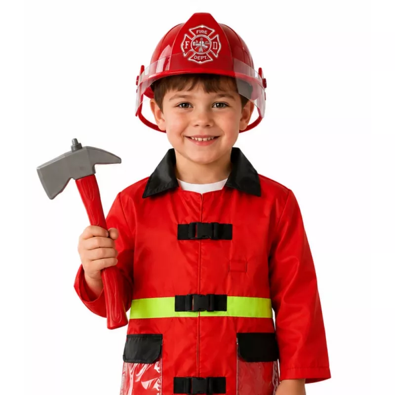 LEAN TOYS 158 brandweerkostuumset met helm, brandblusser, breekijzer – rood, one size, leeftijd 3-8