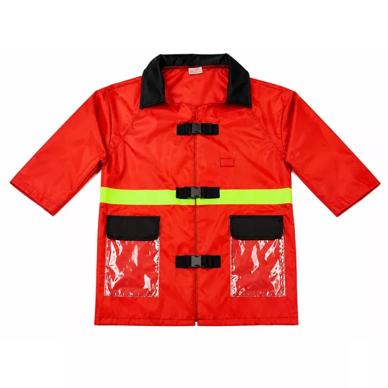 LEAN TOYS 158 brandweerkostuumset met helm, brandblusser, breekijzer – rood, one size, leeftijd 3-8