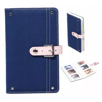 LOVEINSTANT denim fotoalbum voor Fujifilm Instax Mini – plaats voor 108 afdrukken, PU-lederen band, 18 pagina's, blauw