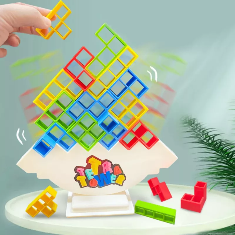 LEAN TOYS Tetris Tower balansvaardigheidsspel 16 blokken 22 kleurkaarten