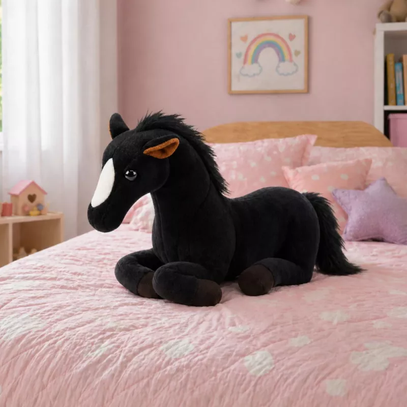 LEAN TOYS pluchen paard knuffel mascotte zwart 40cm x 37cm