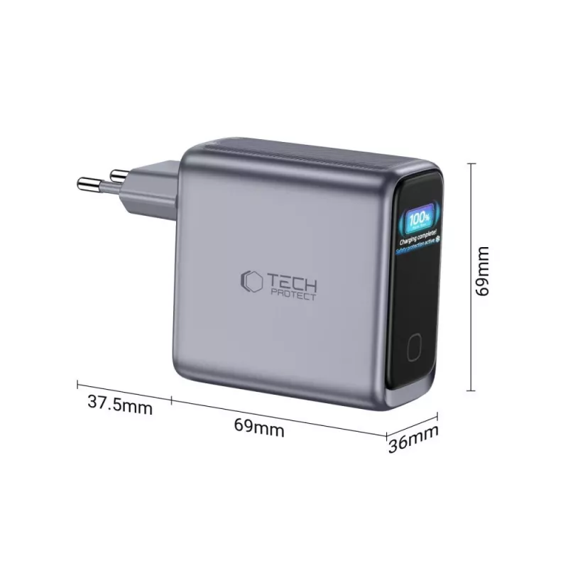 TECH-PROTECT POWERVISION NC140W-GaN 4-poorts netlader PD 140W / QC3.0 donkergrijs