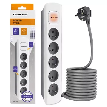 Qoltec 5-voudige stekkerdoos met schakelaar, 1,8 m kabel, wit-grijs