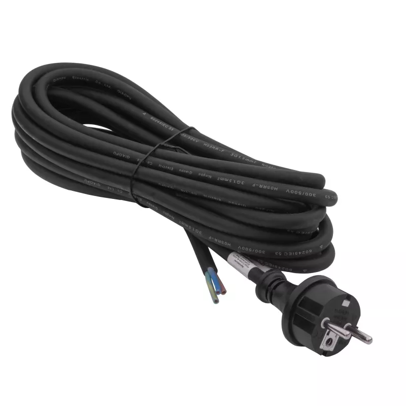 Akyga AK-OT-04S rubberen netkabel H05RR-F 3 x 1,5 mm², CEE-7/7-stekker naar open uiteinde, 5 m, zwart