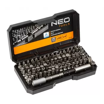NEO TOOLS 99-delige schroevendraaier-bitset met handgreep, S2-staal, 1/4 inch zeskant, plat, Phillips, Pozidriv, Torx, veiligheids-Torx, zeskant, veiligheids-zeskant, vierkant, spanner, Tri-Wing, Torq-Set, Clutch, magnetische bithouder, adapter, verl