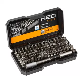 NEO TOOLS 99-delige schroevendraaier-bitset met handgreep, S2-staal, 1/4 inch zeskant, plat, Phillips, Pozidriv, Torx, veiligheids-Torx, zeskant, veiligheids-zeskant, vierkant, spanner, Tri-Wing, Torq-Set, Clutch, magnetische bithouder, adapter, verl