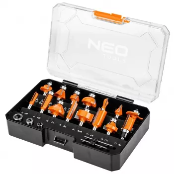 NEO TOOLS 15-delige hardmetaal-freesbitset met 8 mm schacht in houten koffer