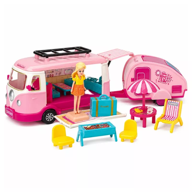 LEAN TOYS reisset camper met aanhanger poppenmeubels accessoires roze