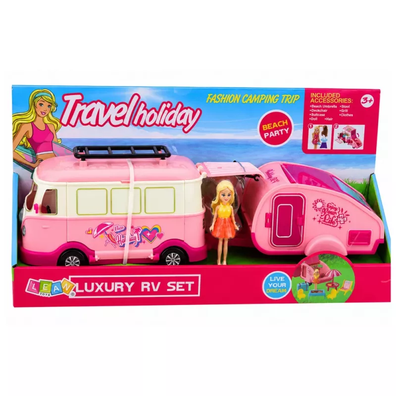 LEAN TOYS reisset camper met aanhanger poppenmeubels accessoires roze