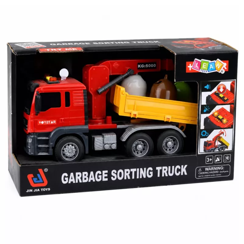 LEAN TOYS truck kraan afvalsorteercontainer lichtjes geluid rood