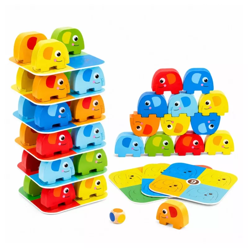 LEAN TOYS olifantentoren behendigheidsspel balancerende olifanten met gekleurde kaarten 46 delen