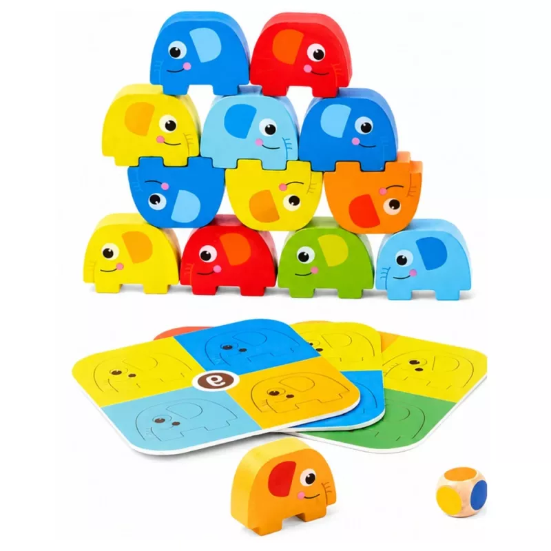 LEAN TOYS olifantentoren behendigheidsspel balancerende olifanten met gekleurde kaarten 46 delen