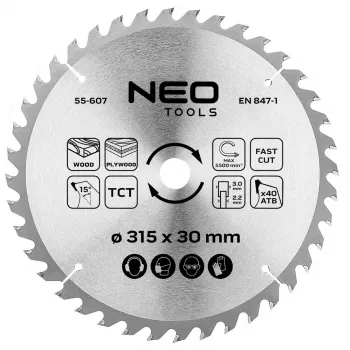 NEO TOOLS 315 mm TCT cirkelzaagblad, 40 tanden, 30 mm boring, houtsnede